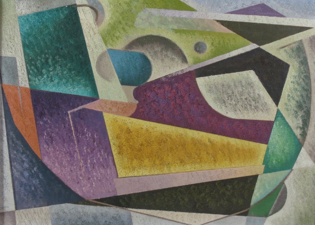 William Bishop Owen - Modernist Oil Painting: Description: Modernist Painting on Canvas Media: Oil on canvas. Title: 'Abstraction #33' Date: 1950s Measurements: 12.25" x 17.25" sight size, and 16" x 21" x 2" overall. Condit
