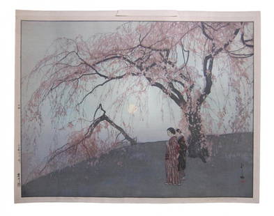 Hiroshi Yoshida - 'Kumoi Cherry Trees': Description: Rare, pencil signed, large woodcut by Hiroshi Yoshida Media: Woodcut on paper Title: 'Kumoi Cherry Trees' Date: 1926 Measurements: 23.25" x 29.5" x .1" overall C