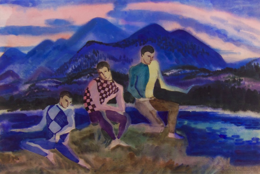 Jason Schoener Modernist Watercolor with Figures (1 of 2)