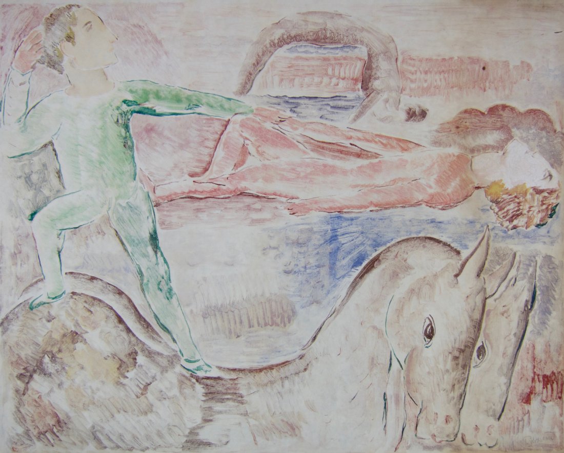 Peter Krasnow Modernist Mixed Media on Paper: Early figurative modernist watercolor and mixed media painting by Los Angeles artist Peter Krasnow, (American, 1887-1979). An original label from the Stendahl Gallery is included with the work. Waterc
