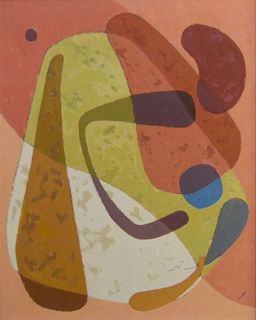 William Bishop Owen Modernist Oil Painting '#3010': Mid-century modern abstract oil painting by American artist William Bishop Owen Jr. This works comes from a collection of paintings by the artist that were held by the artist's family since the last e