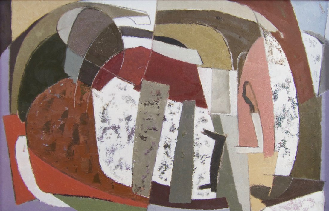 William Bishop Owen Abstract Oil Painting 'Terra Cotta': Mid-century abstract oil painting by William Bishop Owen Jr. Title: 'Terra Cotta' Date: 1950s Medium: Oil on canvas Measurements: 20.5 inches by 31.5 inches sight size, and 22.25 inches by 33.25 inche
