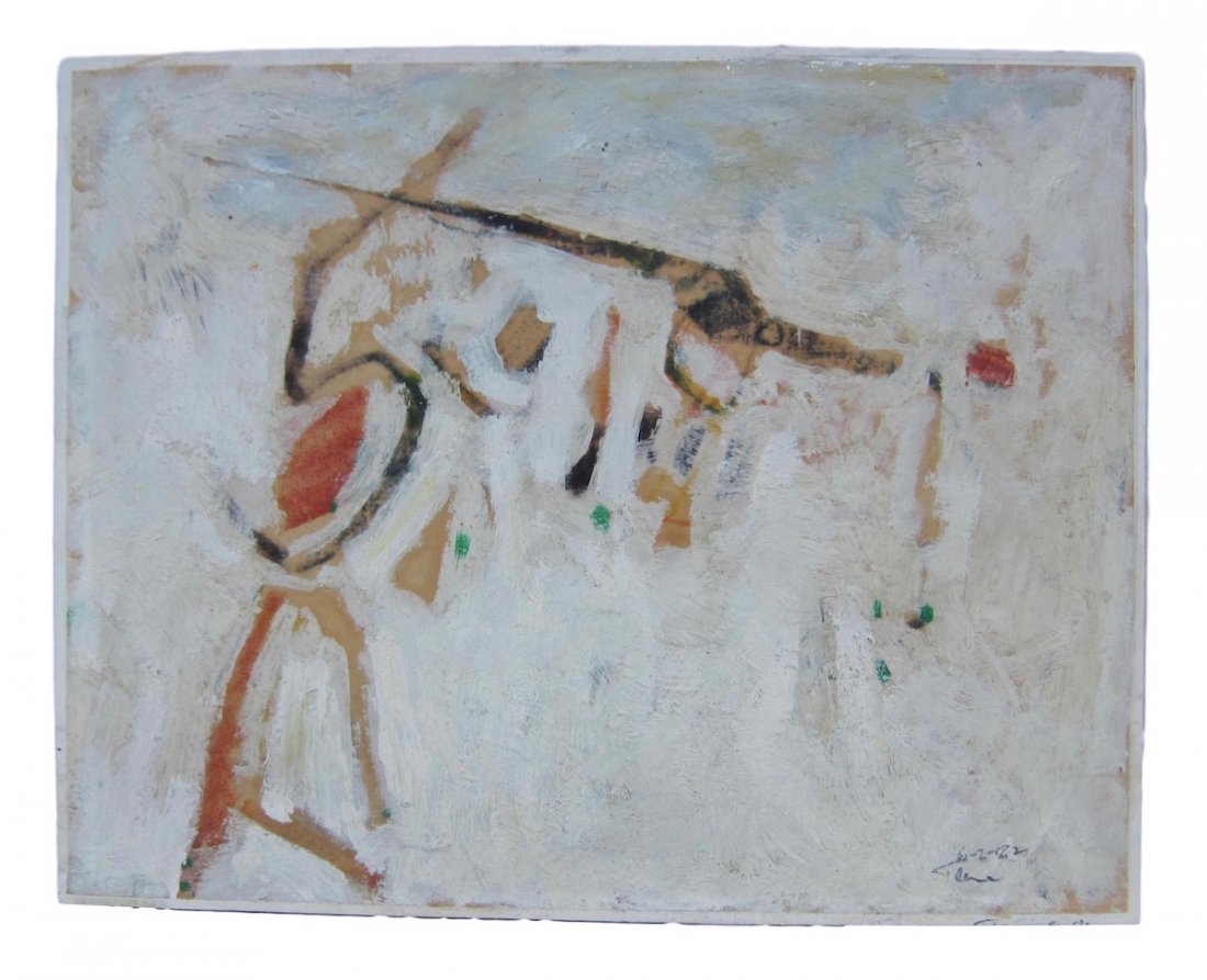 Horst Trave Abstract Painting 1982: Abstract expressionist oil painting by Horst Trave dated 1982. Untitled Date: 6/2/1982 Medium: Mixed pigments including oil paints on laid paper Measurements: 9.25 inches by 11.5 inches. Notes: Unfram