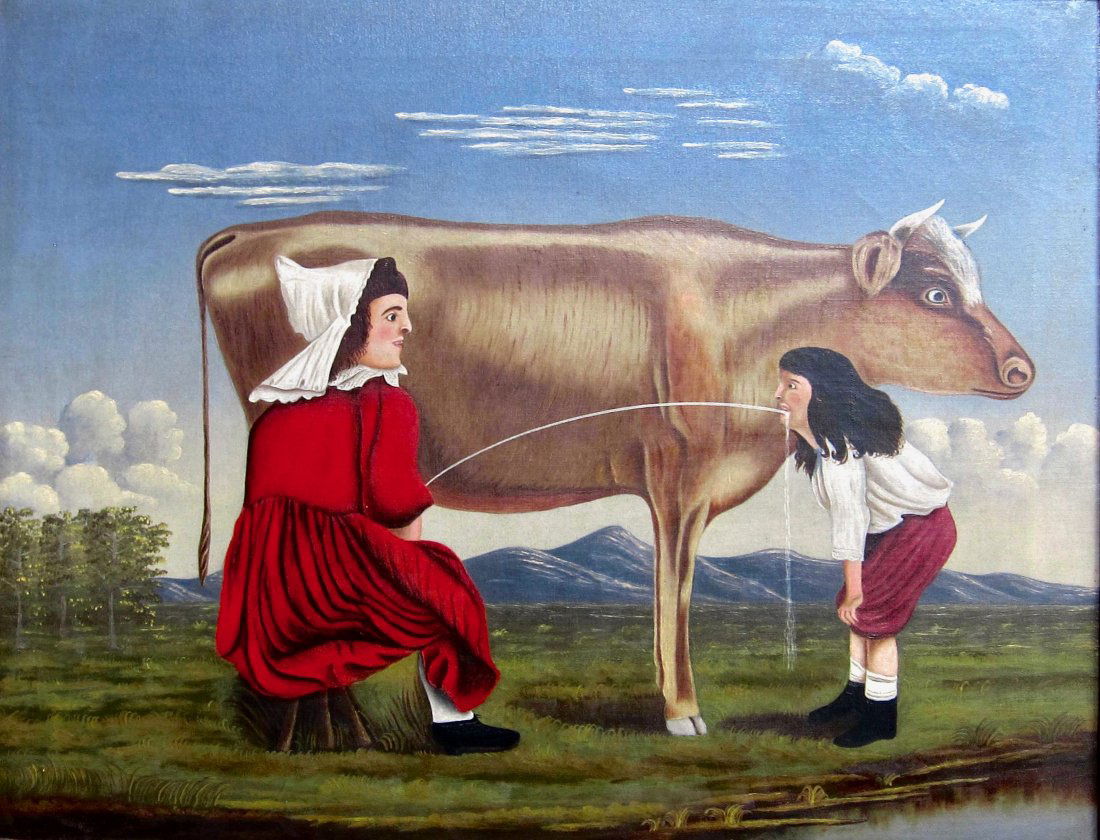 Americana Folk Art Painting of a Cow Milking (1 of 9)
