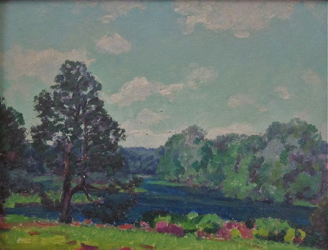 Lawrence Mazzanovich, (American, 1872-1959), Lake: Lawrence Mazzanovich (Chicago/New York/North Carolina, 1872-1959) St. Mammes, 9:30 am Sept, 22, 1906 – Impressionist landscape Oil on wood panel 1906 10” x 13 ¼” sight size, 14 ¼” x 17 ½”