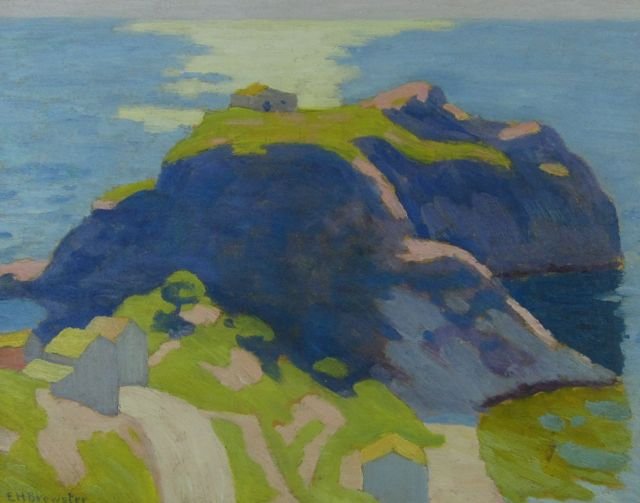 Earl Brewster, colorful seascape, 'Taormina": Earl H. Brewster (E.H. Brewster, Earl Brewster, Earl Henry Brewster) (Iowa/New York/India, 1878-1957) Taormina (Mediterranean) - Post Impressionist seascape Oil on beveled wood panel c. 1920’s-30’