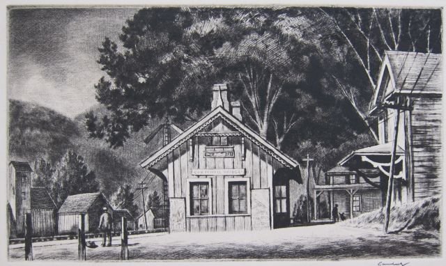 Armin Landeck, 'Cornwall Bridge Station": Armin Landeck (New York/Connecticut, 1905-984) Cornwall Bridge Station Drypoint etching 1936 5 ½” x 9 1/2” plate size, 14” x 18” overall with mat Edition of 100 Good condition, faint mat burn