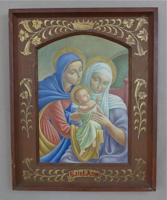 Michael Loew, early modernist work: Michael Loew (New York, 1907-1985) Saint Ann – Modernist allegorical painting Oil on masonite 1945 21 ½” x 15” sight size, 24” x 30” overall Good original condition Housed in the artist’s