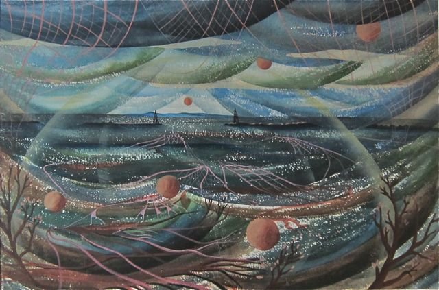 Theo Hancock, modernist seascape: Theo Hancock (Theodore Hancock) (British/American, b.1924- ) Near Snowden, North Wales - Abstract seascape Watercolor on paper 1944 14 1/2” x 21 3/4” sight size, 22” x 28” app. overall Good or
