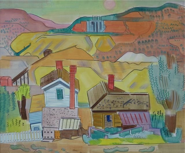 Erle Loran, farmhouses, c.1930's: Erle Loran (California/New York/France, 1905-1999) Farmhouses - Modernist landscape Oil on canvas c.1930’s 24 ½” x 29 ½” sight size, 29 ½” x 34 ½” overall Good original condition Housed