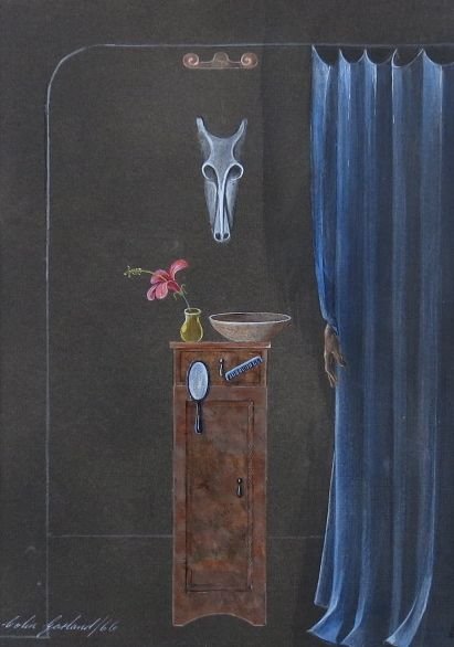 Colin Garland, surrealist dressing room: Colin Garland (Australia/Jamaica, 1935-2007) Untitled - surrealist dressing room Drawing and painting on paper 1966 11” x 8” sight size, 18” x 14 ¾” overall Good original condition From a pri