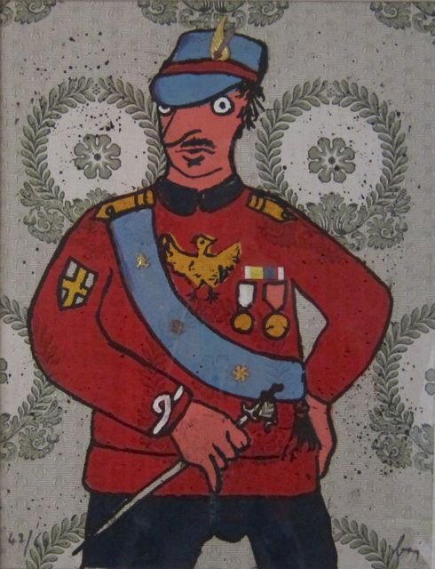 Enrico Baj, mixed media, print and collage: Enrico Baj (Italy, 1924-2003) Untitled – General (assemblage) Mixed media – silkscreen and collage 1970 Edition: 42/60 21” x 15” sight size, 31 ½” x 26 ½” overall with frame Good origina
