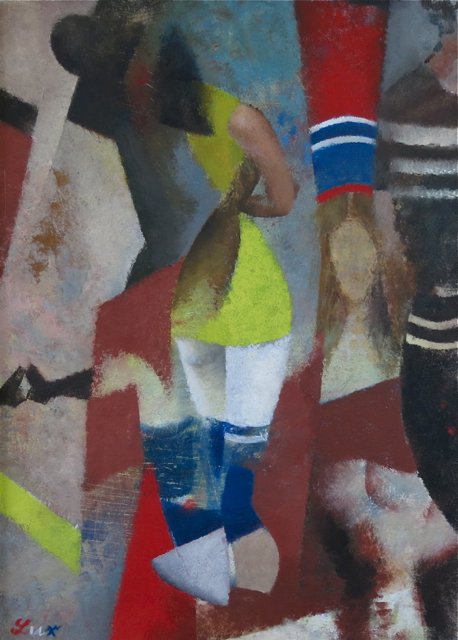 T. Lux Feininger, Bauhaus inspired, figures: T. Lux Feininger (Theodore ‘Lux’ Feininger) (German/American, 1910-2011) Erotic Fantasy I – (Patriotic Fugue) – Modernist abstraction Oil on stretched canvas 1969 15” x 11” sight size, 15