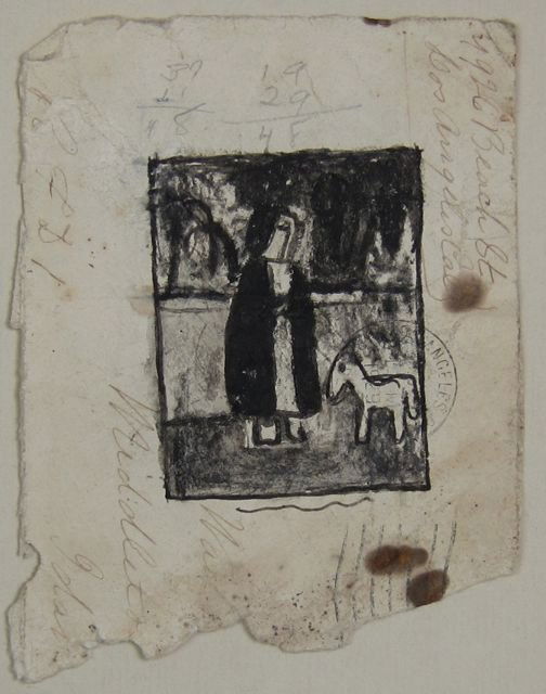 James Castle, early outsider artist, soot and spit: James Castle (American 1899-1977) Image #342 - Woman and Sheep c.1930’s-40’s Soot and spit on a repurposed envelope 4 ½” x 3 ¼”, 14” x 8” overall Notes on verso: ‘$25.00 bought June 19