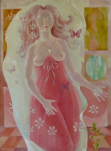Colin Garland, large oil, magic realist nude: Colin Garland (Australia/Jamaica, 1935-2007) Untitled - surrealist standing woman Oil on canvas 1964 56” x 48” sight size, 58” x 50” overall Good original condition overall, some soiling and d