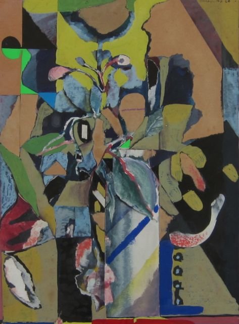 Arthur Okamura, abstract collage dated 1960: Arthur Okamura (California, 1932-2009) Untitled – Abstract still life Mixed media, paper collage with paint 1960 13 ¼” x 9 ¾” sight size, 20 ½” x 16 ½” overall Housed in the original fra