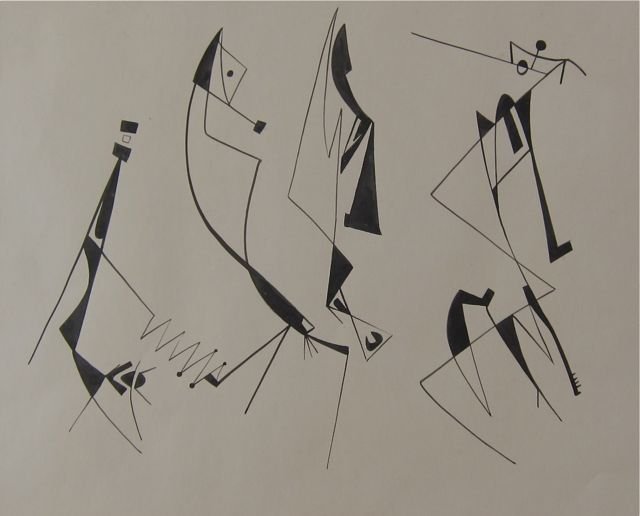 Sacha Kolin, Indian motif abstract, black and white: Sacha Kolin (Paris/New York, 1911-1981) Untitled – abstract, surrealist Indian motif Watercolor on paper c.1950’s 12 ¾” x 15 ¾” sight size, 18 ¾” x 21 ¼” overall Good condition, some m