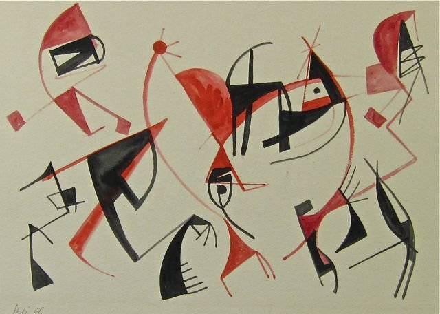 Sacha Kolin, Indian motif abstract in red and black: Sacha Kolin (Paris/New York, 1911-1981) Untitled – abstract, surrealist Indian motif Watercolor on paper 1956 9 ¾” x 13 ¾” sight size, 17” x 21” overall Good condition, some minor toning t