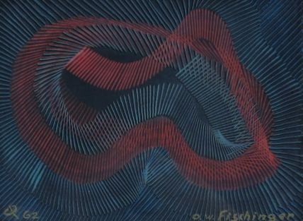 Oskar Fischinger, Bauhuas artist, abstraction: Oskar Fischinger - (Oscar Fischinger) (Germany/New York, 1900-1967) Untitled – Non-objective abstract painting Gouache on paper board 1962 5 ¾” x 7 3/4” sight size, 12 ½” x 14” overall Goo