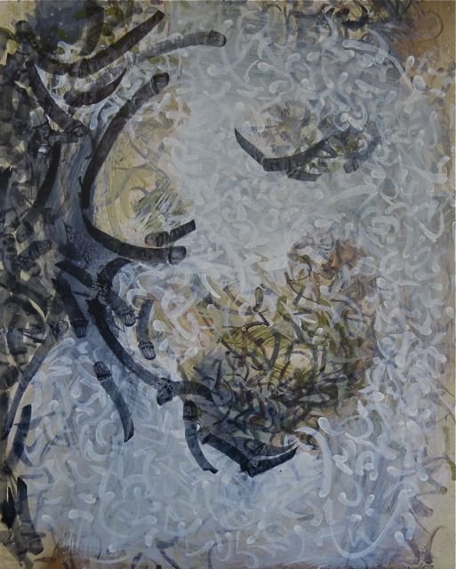 Claire Falkenstein, abstract expressionist oil: Claire Falkenstein (California, 1908-1997) 5th Structure – Abstract expressionist painting Oil on paper, laid down on masonite 1959 37” x 30” image size, and 37 ½” x 30 ½” overall Good con