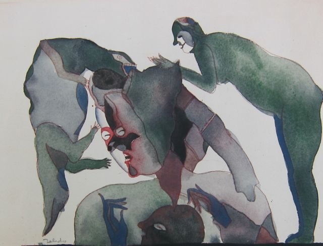 Francisco Toledo, mixed media, c.1970's: Francisco Toledo (Mexico/Texas/New York, b.1940- ) Untitled – Surrealist fantasy figures Etching (hand-colored in watercolor) c.1970’s-80’s 7” x 9 ¼” sight size, 13” x 15 ¼” overall Go