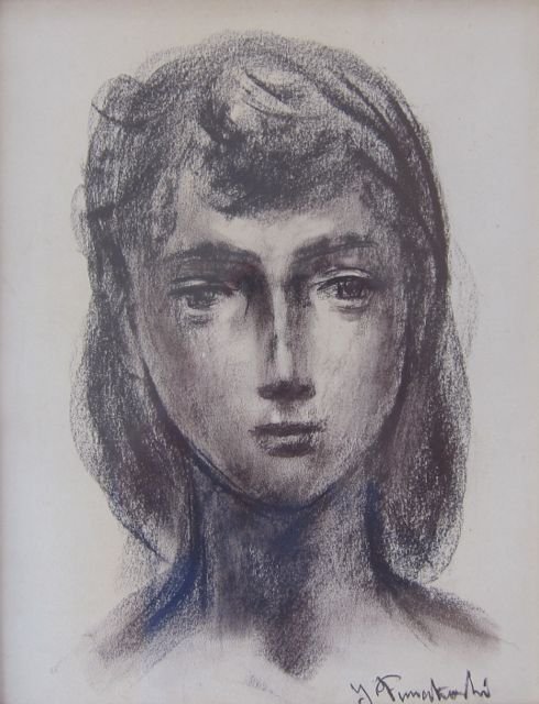 Yatsuke Funakoshi, Japanese artist, charcoal on paper: Yatsuke Funakoshi (Japanese, 1912-2002) Untitled – Portrait of a Young Woman Charcoal on paper c.1950’s-60’s 12 ¾” x 9 ¾” sight size, and 21 ½” x 18 ½ overall with frame Framed with a 