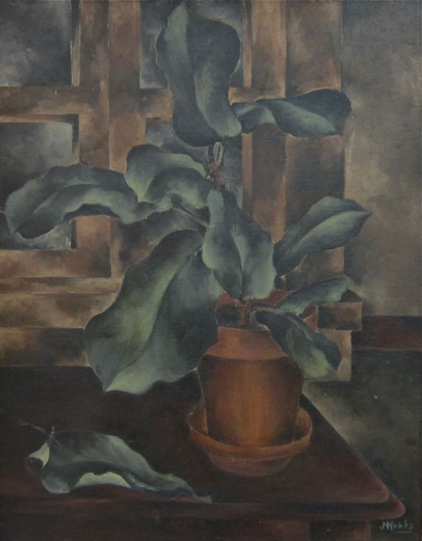 J.M. Hobbs, modernist still life: James Marcus Hobbs a.k.a. J.M. Hobbs (Chicago, active early 20th century) Untitled - Modernist still life Oil on canvas paid down C.1930s Housed in a quality period frame, (possibly Newcomb-Macklin) J