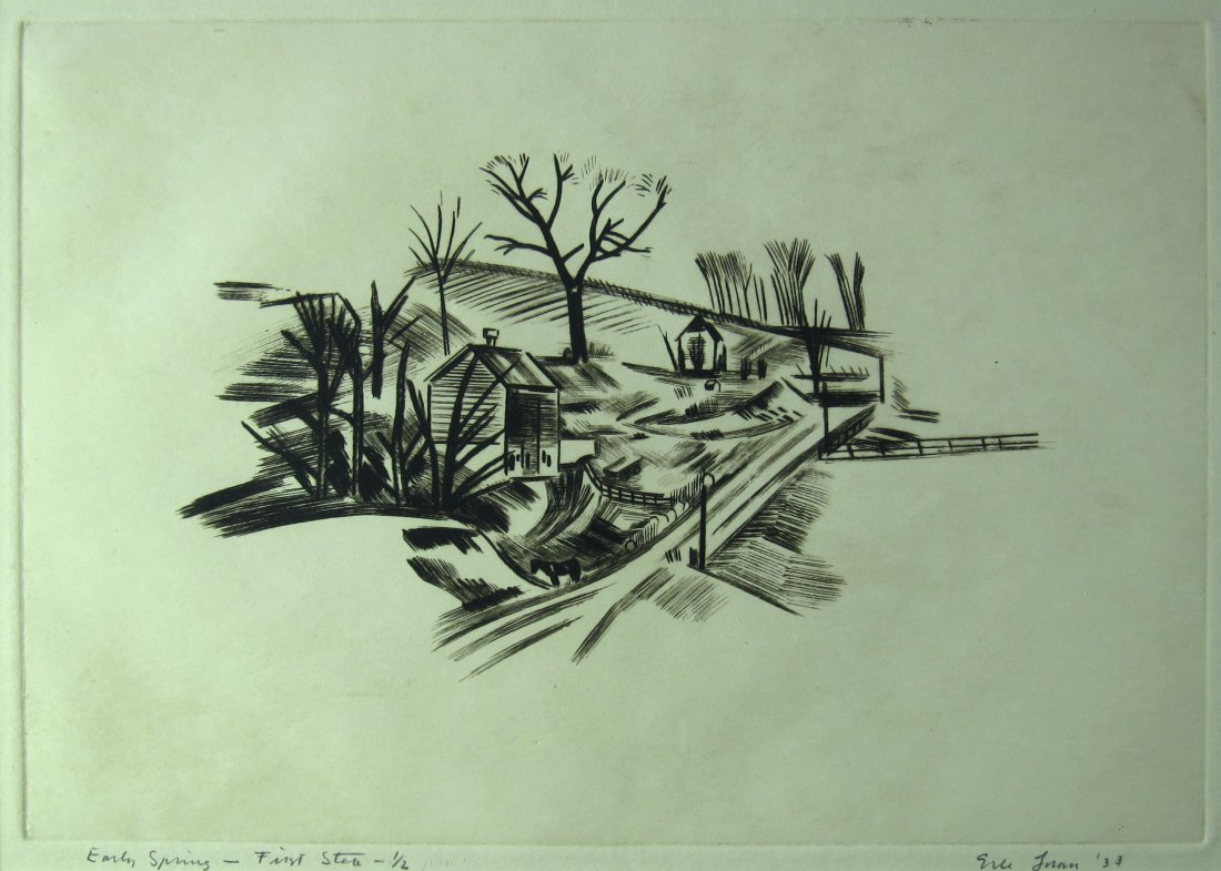 Erle Loran, Early Modernist Etching: Erle Loran (California/New York/Minnesota / France 1905-1999) 'Early Spring - First State 1/2' Early Etching 1933 Signed and dated lower right in pencil Framed in a contemporary frame 8" x 11" sight s