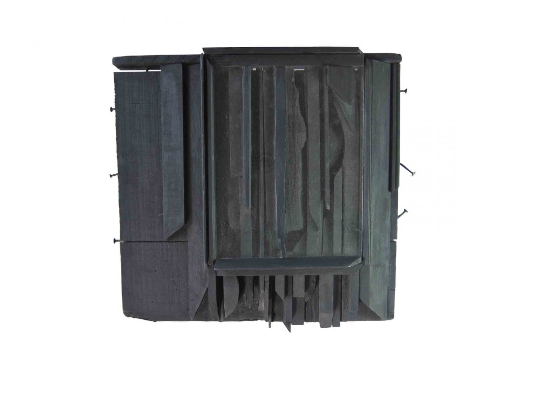 Richard Faralla, Constructivist Sculpture: Richard Faralla (California 1916-1996) 'Cabinet VI' Constructivist Sculpture Cut wood construction with nails and glass, wood and nails painted black c. 1968 Signed, titled 'Cabinet VI', and dated '68