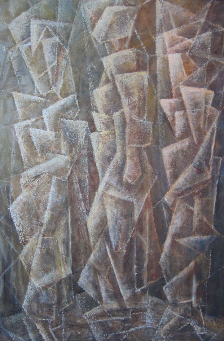 PK Nicholson, student of Mark Tobey: P.K. Nicholson a.k.a. Patricia Kirkpatrick Nicholson (Washington, 1896-1978) Untitled - cubist inspired forms Oil on masonite c.1950s Notes verso state this was purchased at a Seattle Art Museum show