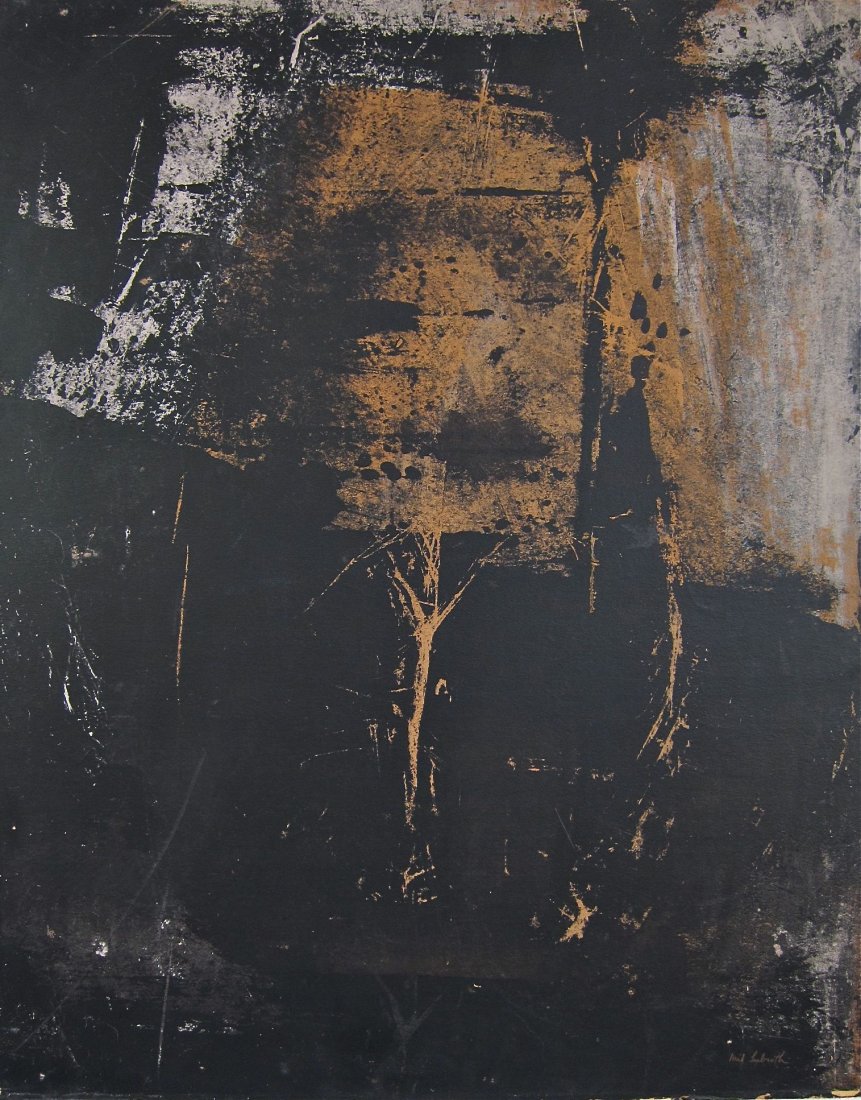 Mil Lubroth, Abstraction, 1963: Mil Lubroth (New York/Paris/Madrid, 20th century) 'Milestones' - abstract expressionist painting Oil on masonite 1963 Unframed From a Midwest collection 29" x 33" sight size, 36" x 30" x 3.5" overall 