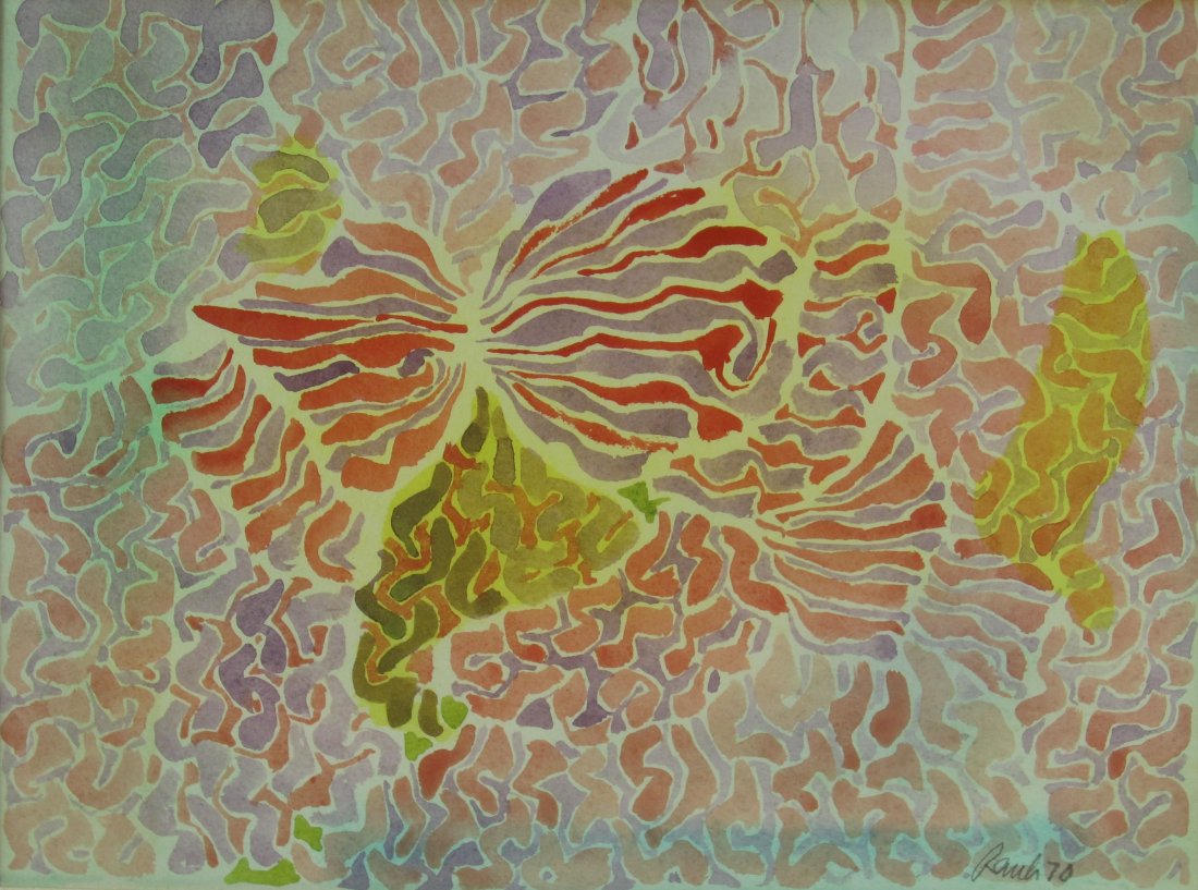 Fritz Rauh watercolor on paper: Fritz Rauh (California/Gremany 1920- ) Abstract expressionist watercolor on paper 1970 Signed and dated lower right Housed in a period frame 7.5" x 10" sight size, 12" x 15" x 1" overall