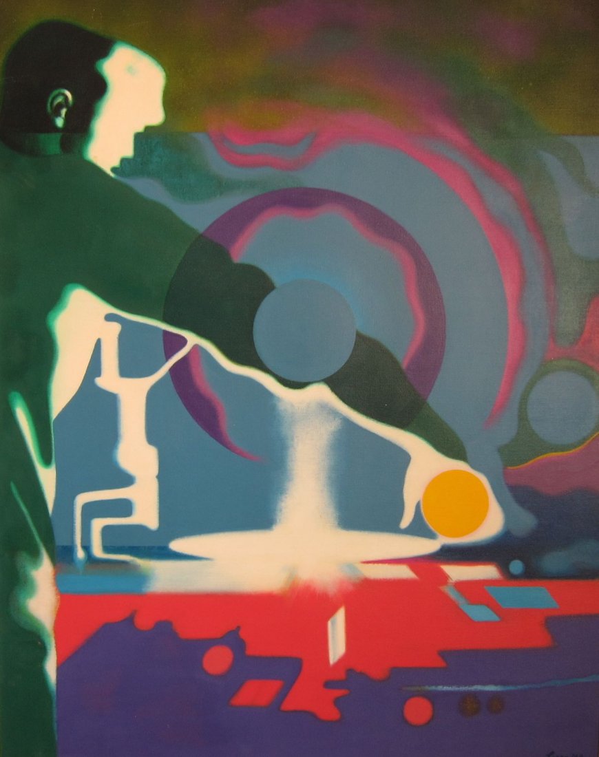 Erle Loran, 'Light Operator', exhibited oil painting: Erle Loran a.k.a. Earle Loran (California/New York/France, 1905-1999) 'Light Operator' Liquitex on canvas 1968 Signed and dated lower right, and signed, dated and titles verso Housed in the original s