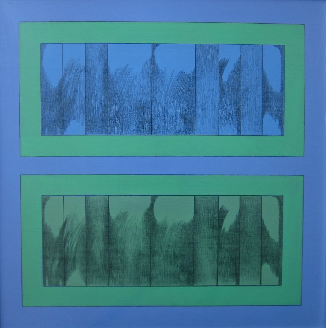 Sonia Gechtoff, Abstract Painting on Paper: Sonia Gechtoff (California/New York 1926- ) 'Blues + Greens' abstract painting Acrylic and pencil on paper 1973 Signed, titled, and dated verso Framed in a metal strip frame under glass 19.5" x 19.5"