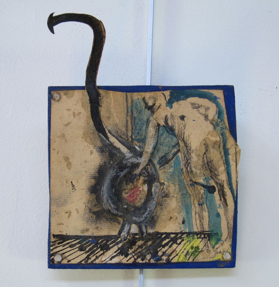 Elizabeth Murray, Early Abstract Collage #1: Elizabeth Murray (New York/Illinois 1940-2007) 'Man Lighting Stove #2' Mixed media on board - collage, paint, and paper cut-out c. 1960s Exhibition label verso From the estate of ex-Mills Collage prof