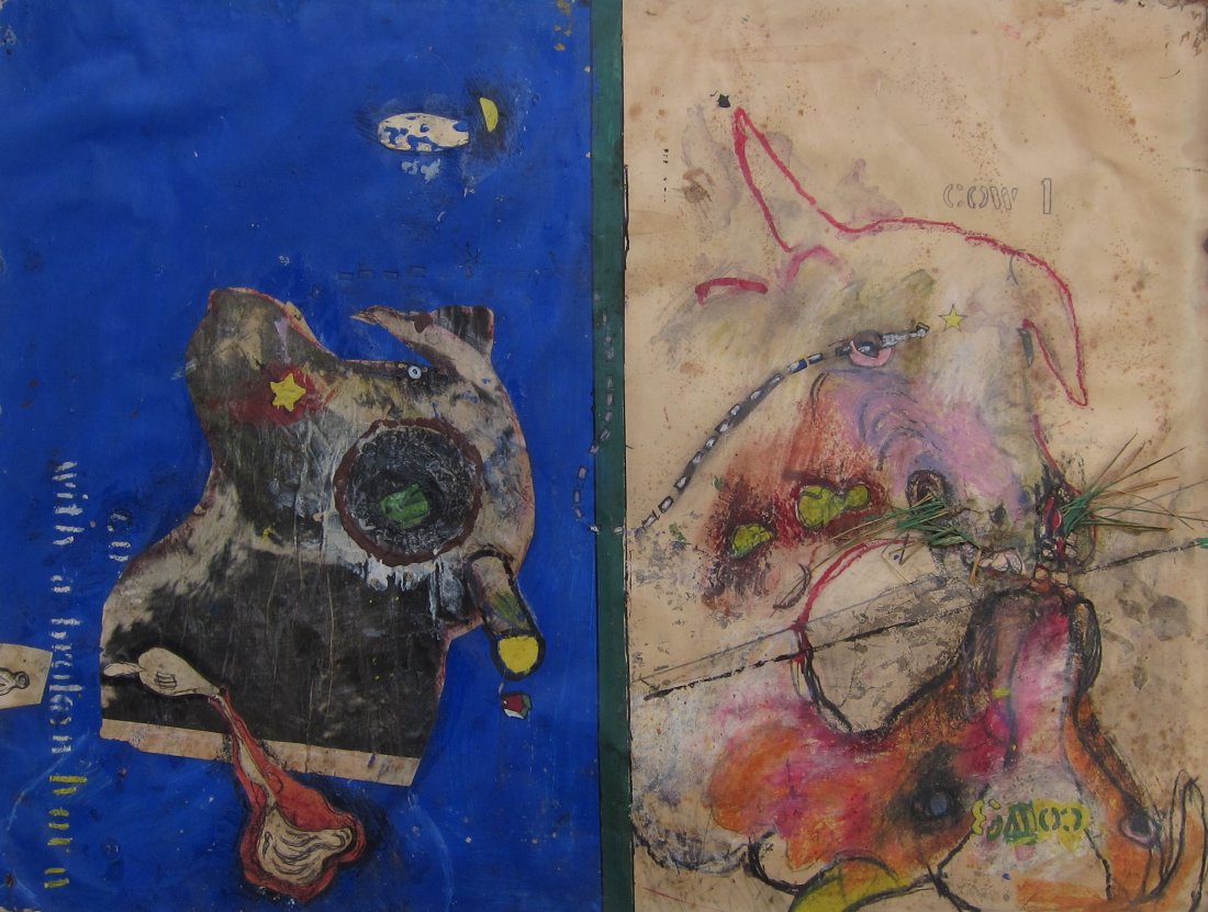 Elizabeth Murray, Early Abstract Collage #2: Elizabeth Murray (New York/Illinois 1940-2007) 'Cow Making Milk' Mixed media on paper laid down on board. Oil paint, collage, drawing, applied found objects (painted pine needles) c. 1960s Identified