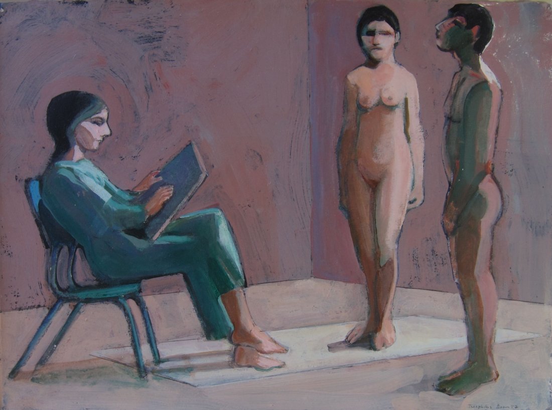 William Theophilus Brown, Beth Van Hoesen w/ Models: William Theophilus Brown (Califonia/New York/Illinois/France 1919-2012) Beth Van Hoesen and two models Acrylic on paper 1987 Signed and dated lower right Framed in contemporary frame 11" x 15" signt s
