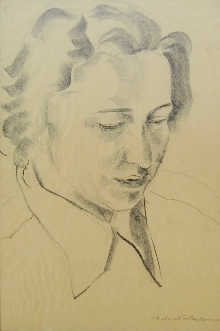 Helen Forbes, Modernist portrait: Helen Katherine Forbes California (1891-1945) Portrait of a Man Charcoal on paper c.1930's Measurements 11.25" x 7.75" sight size, and 17.75" x 13.75" x 1.25" overall Notes Fra