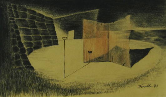 Richard Faralla, surrealist drawing, 1943: Richard Faralla California (1916-1996) Surrealist drawing Red and black crayon on paper 1943 Measurements 4.5" x 7.75" sight size, 13" x 15.5" x 1" overall Notes Signed