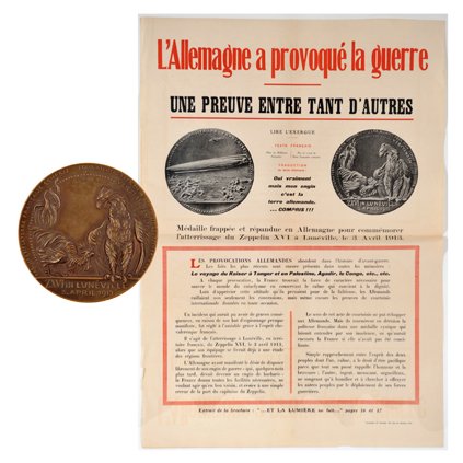 French Poster entitled “L’Allemagne a Provoque la: French Poster entitled “L’Allemagne a Provoque la Guerre”. (47cm x 68cm) Poster in French showing the French counter-reaction to a German satirical art medallion (by Karl Goetz); on the medallio