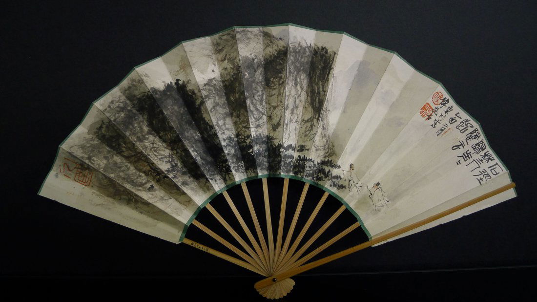CHINESE PAINTED FAN BY FU BAOSHI: Chinese ink and wash painting fan, signed Fu Baoshi (1904 – 1965); depicting figures in landscape; inscription and seal marks; Fu Baoshi is the most original figure painter and landscapist of China'