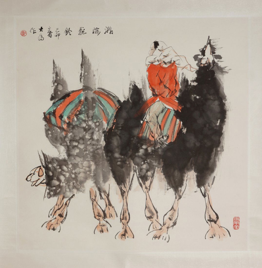 CHINESE CAMEL PAINTING BY LIU DAWEI: Chinese ink and colors painting on paper, signed Liu Dawei (1945 –); depicting girl ridding camel, inscription and seal marks; Liu Dawei is one of the most accomplished and influential artists in Ch