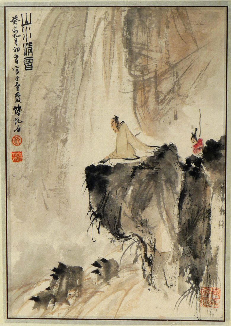 FRAMED CHINESE PAINTING BY FU BAOSHI: Framed Chinese ink and color painting on paper, signed Fu Baoshi (1904 – 1965); depicting figures in landscape; inscription and three seal marks; Fu Baoshi is the most original figure painter and la