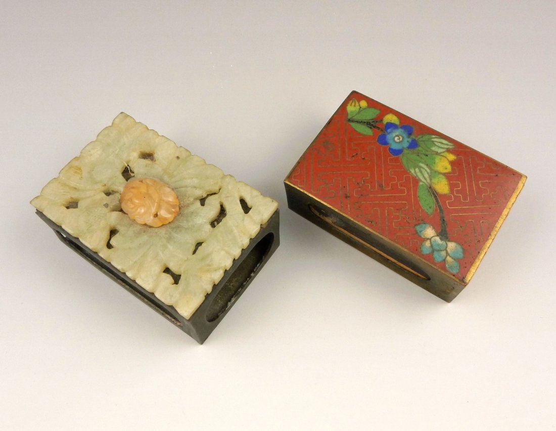 CHINESE WHITE JADE MATCH BOOK: Rare vintage Chinese match book cover holder, white jade with a peach pink ornamentation on top of a metal ware match book or matchbook cover holder, with a box of matches. Old felt on bottom, origina