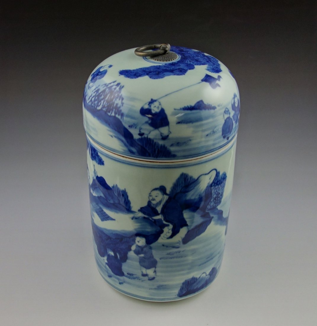 CHINESE BLUE AND WHITE PORCELAIN JAR: Chinese hand painted blue and white porcelain jar with different scenes on it, Qing Dynasty, the bottom holds six character blue calligraphy mark. Very beautiful jar with good condition no cracks. Hei