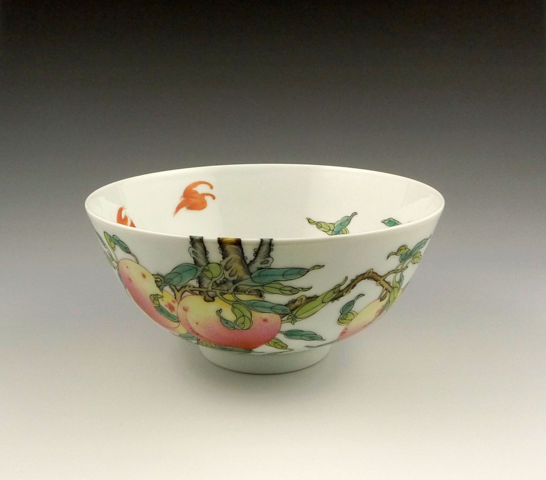 CHINESE FAMILLE ROSE PORCELAIN BOWL: Chinese famille rose porcelain bowl, finely enameled with longevity peaches and bats, auspicious objects in traditional Chinese culture. Peach & bat painted on the bowl, means peaceful and long life. 