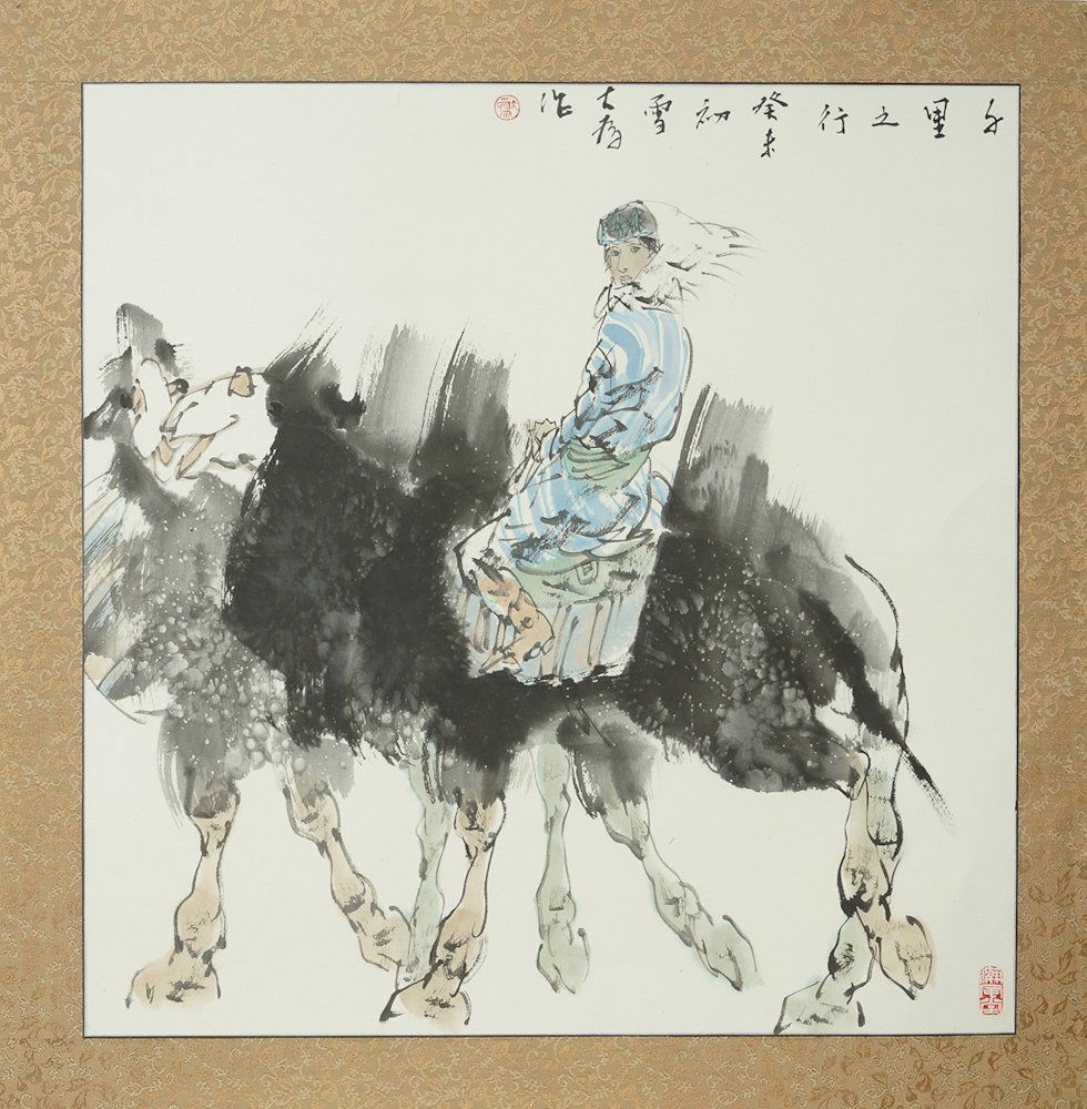 CHINESE CAMEL PAINTING BY LIU DAWEI: Chinese ink and colors painting on paper, signed Liu Dawei (1945 –); depicting girl ridding camel, inscription and two seal marks; Liu Dawei is one of the most accomplished and influential artists i