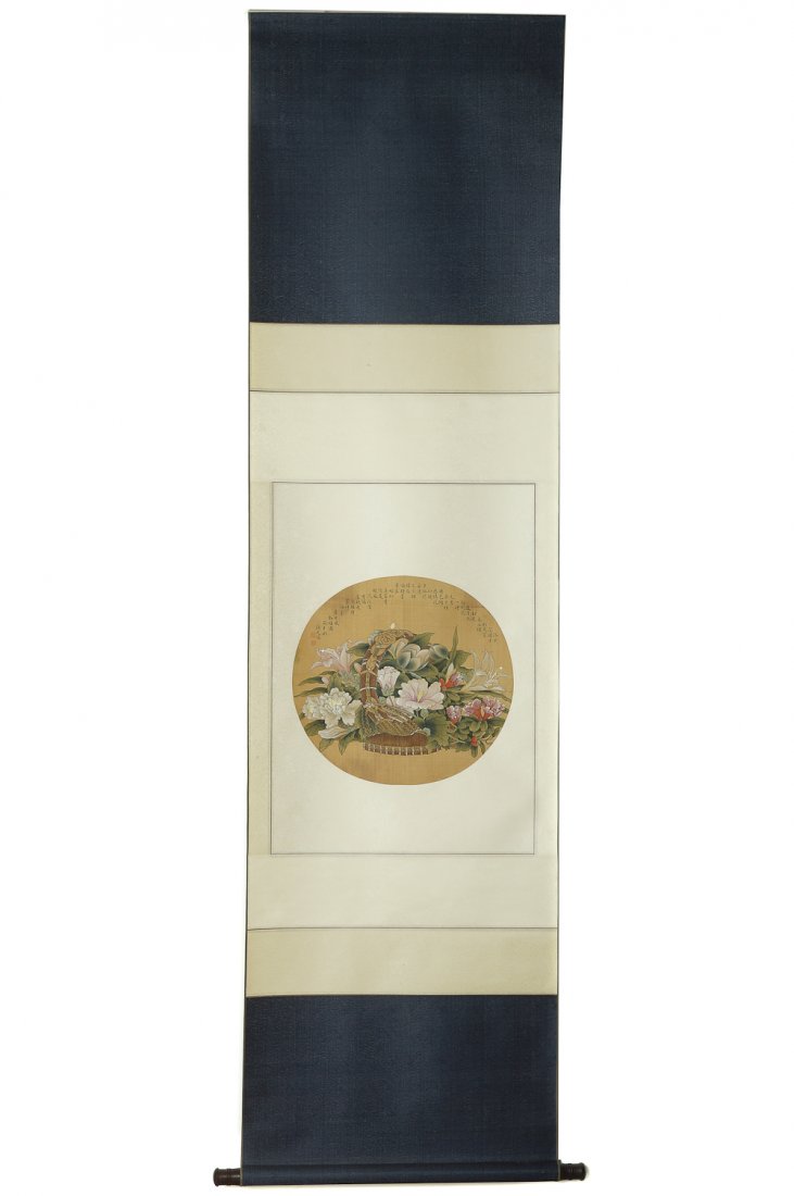 VINTAGE CHINESE SCROLL PAINTING BY JIANG TINGXI: Chinese ink and colors painting on paper scroll, signed Jiang Tingxi (1669 – 1732); depicting basket of flowers, spilling over the "woven" basket; inscription and two seal marks. Dimension: 19" L x 