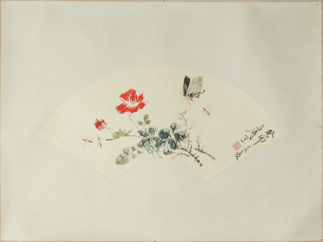 CHINESE FAN FACE PAINTING BY WANG XUETAO: Chinese ink and colors painting on paper fan face by Wang Xuetao, depicting butterfly and bee among foliage and flowers. Wang Xuetao(1903-1982) was a well-known flowers painter. He used the Western sk