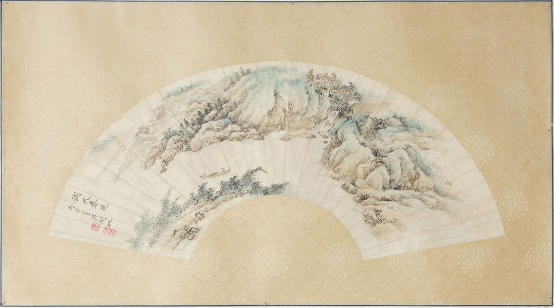 CHINESE FAN FACE PAINTING BY WU HUFAN: Chinese ink and colors painting on paper fan face, signed Wu Hufan (1894 – 1968); depicting a landscape with two figures in boat, mountainside and trees; inscription and two seal marks; Wu Hufan was